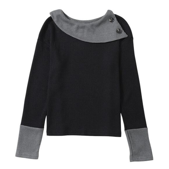 Black Waffle Knit Patchwork Color Block Asymmetrical Neck Top New S, M - Picture 2 of 10